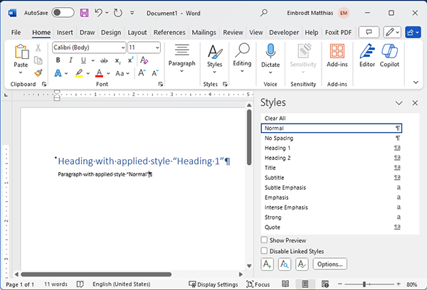 Screenshot of an example Word document